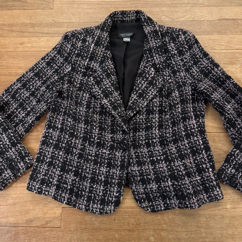 Soft Works black pink one button wool blend winter blazer jacket size 16P
 b35